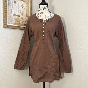 Vintage Y2K J. Crew Embroidered Chocolate Brown Boho Chic Tunic Size Small